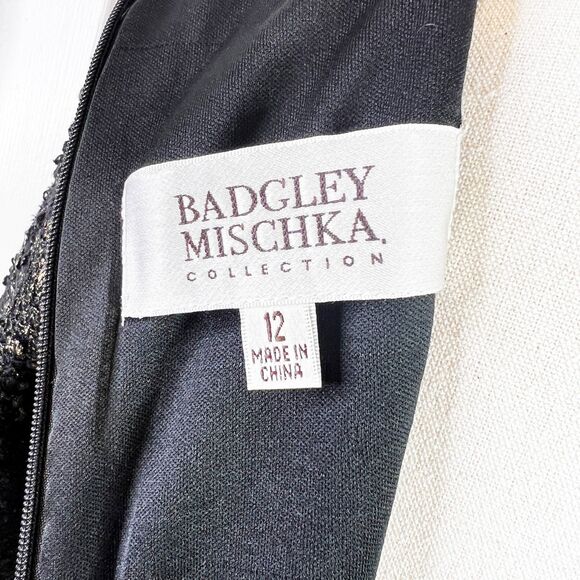 Badgley Mischka | Black and Gold Sequin Formal | Mesh | Cocktail Dress | Sz 12 - Picture 5 of 7